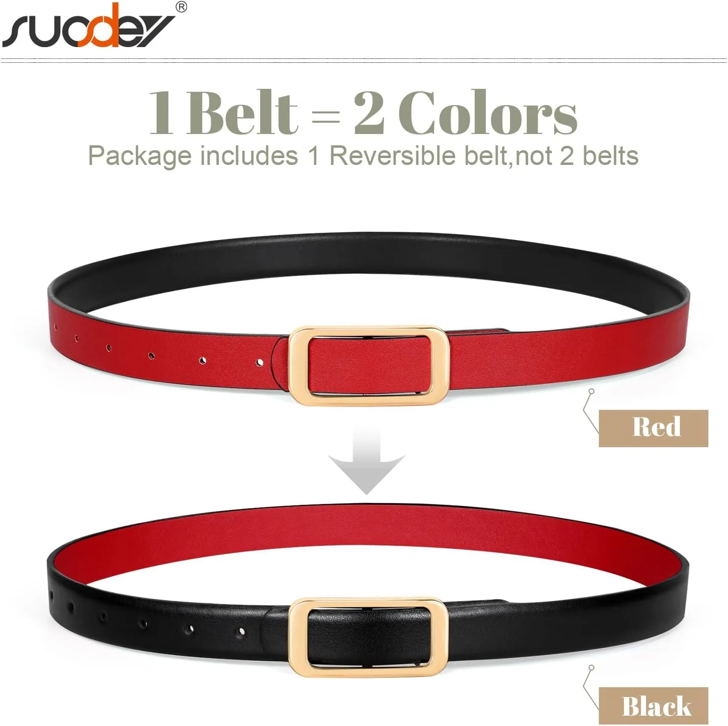 SUOSDEY Women Reversible Leather Belts for Jeans Pants Dresses Ladies Fashion Belts with Gold Buckle