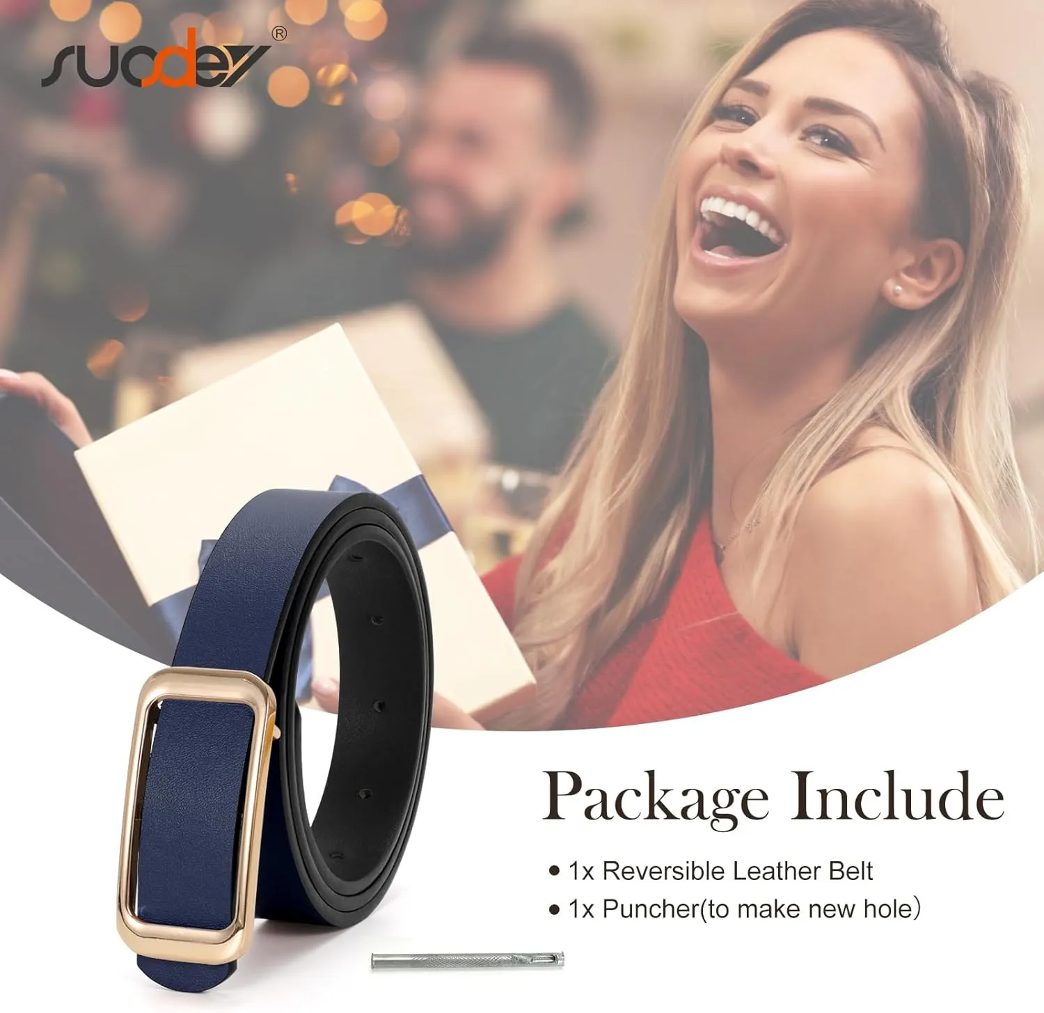 SUOSDEY Women Reversible Leather Belts for Jeans Pants Dresses Ladies Fashion Belts with Gold Buckle