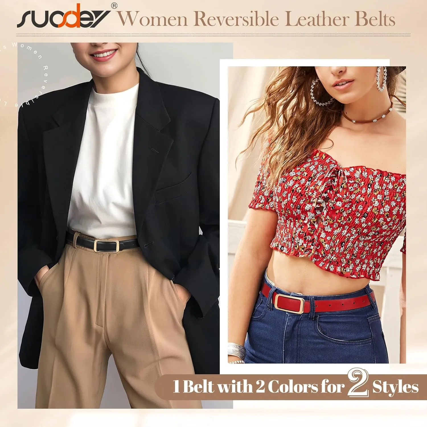 SUOSDEY Women Reversible Leather Belts for Jeans Pants Dresses Ladies Fashion Belts with Gold Buckle