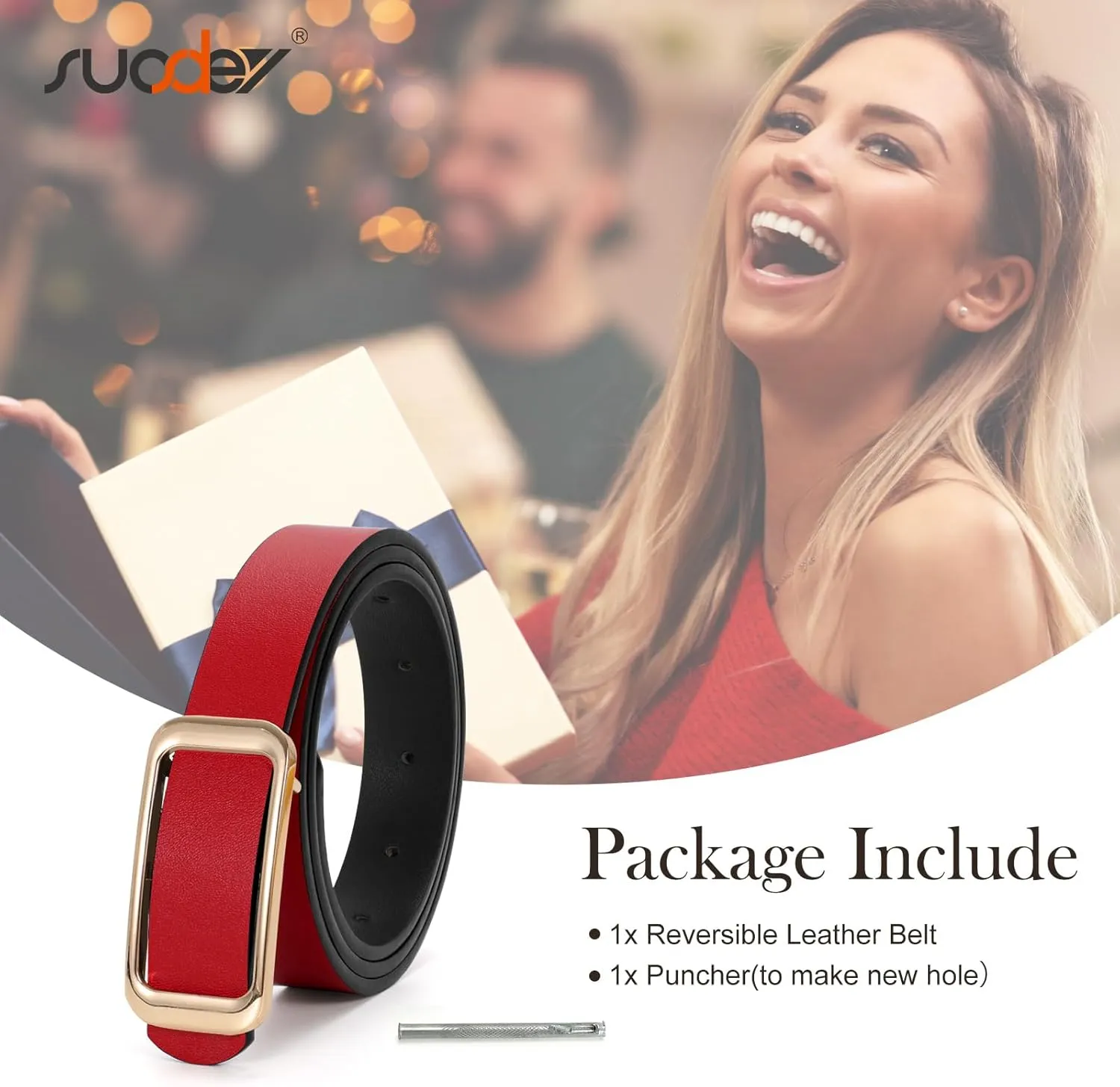 SUOSDEY Women Reversible Leather Belts for Jeans Pants Dresses Ladies Fashion Belts with Gold Buckle