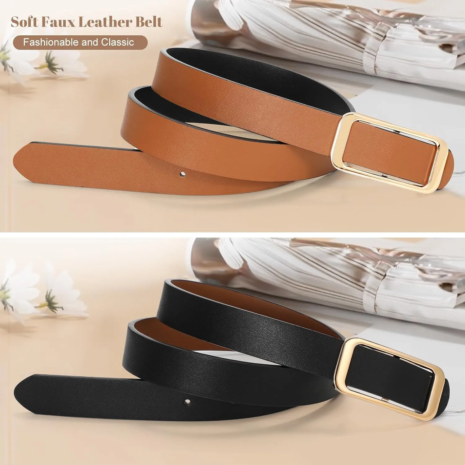 SUOSDEY Women Reversible Leather Belts for Jeans Pants Dresses Ladies Fashion Belts with Gold Buckle
