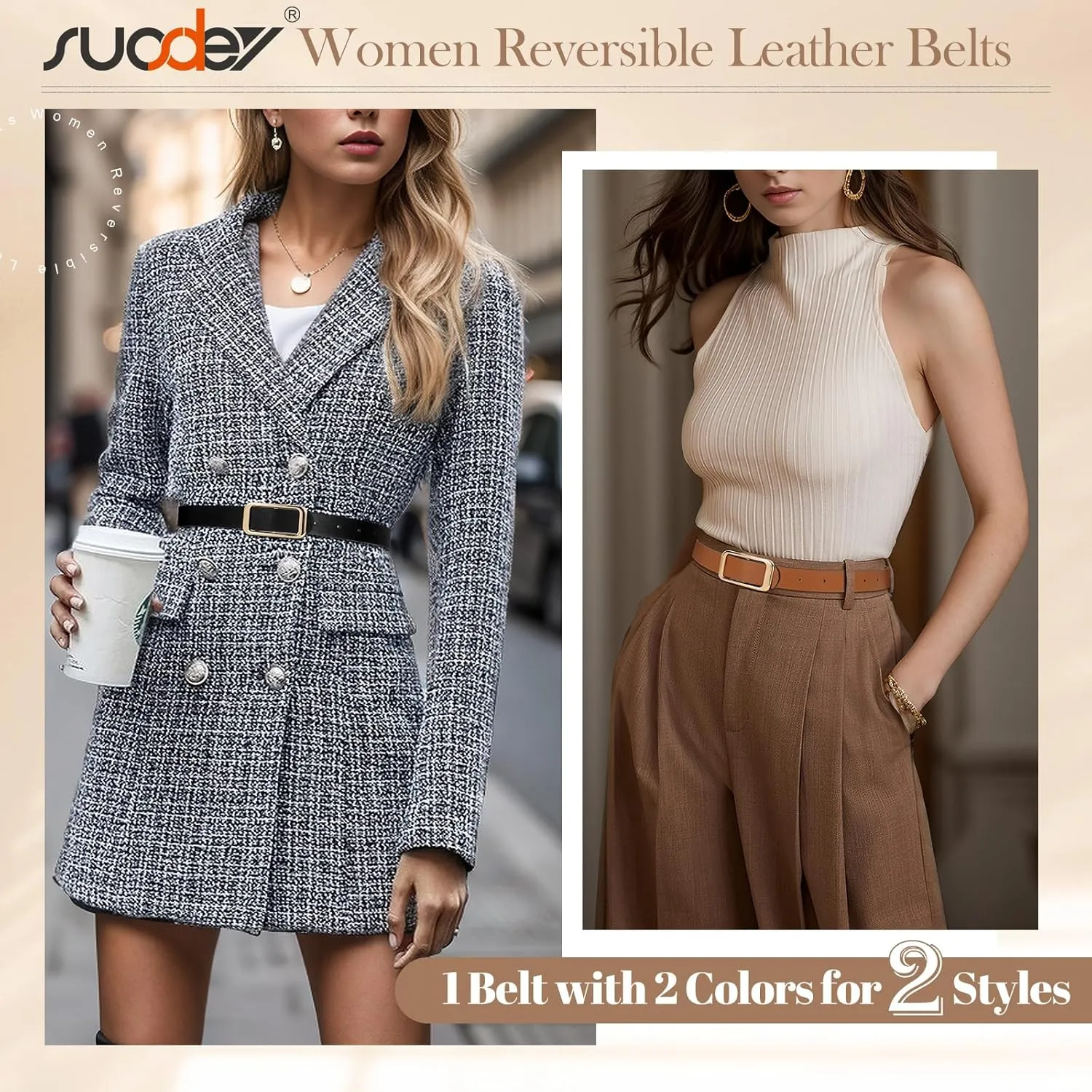 SUOSDEY Women Reversible Leather Belts for Jeans Pants Dresses Ladies Fashion Belts with Gold Buckle