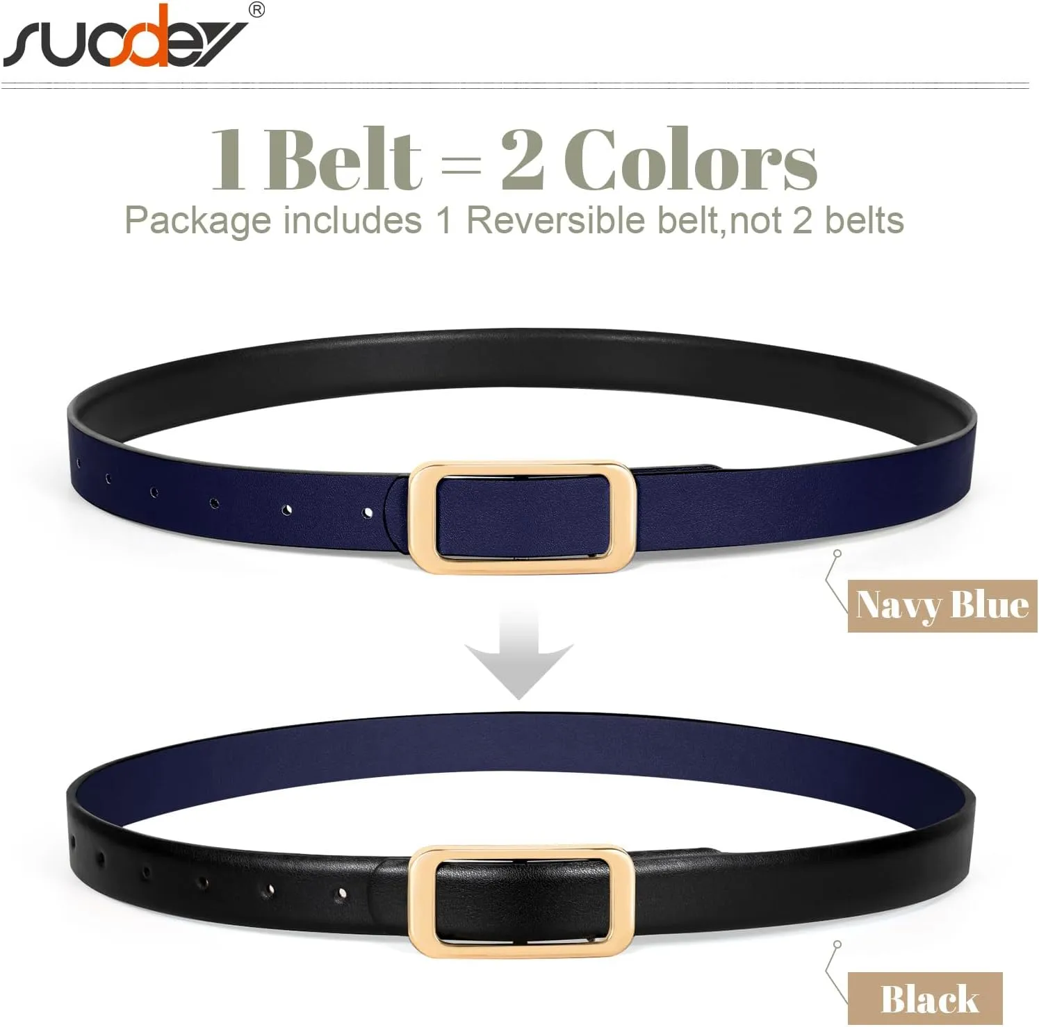 SUOSDEY Women Reversible Leather Belts for Jeans Pants Dresses Ladies Fashion Belts with Gold Buckle