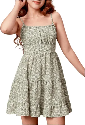 SweatyRocks Girl's Spaghetti Strap Ruched Cami Dress Floral Print Ruffle Flared Mini Dresses