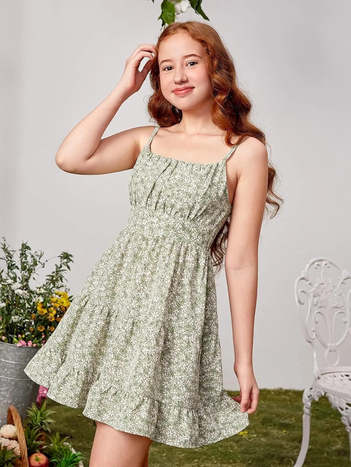 SweatyRocks Girl's Spaghetti Strap Ruched Cami Dress Floral Print Ruffle Flared Mini Dresses
