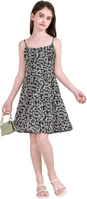 SweatyRocks Girl's Spaghetti Strap Ruched Cami Dress Floral Print Ruffle Flared Mini Dresses