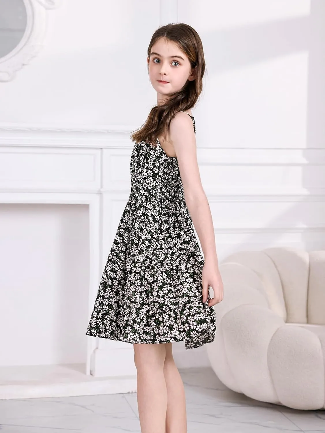 SweatyRocks Girl's Spaghetti Strap Ruched Cami Dress Floral Print Ruffle Flared Mini Dresses