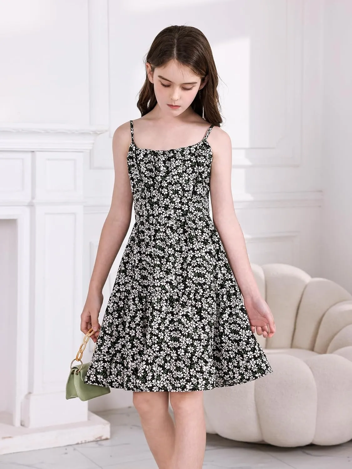 SweatyRocks Girl's Spaghetti Strap Ruched Cami Dress Floral Print Ruffle Flared Mini Dresses