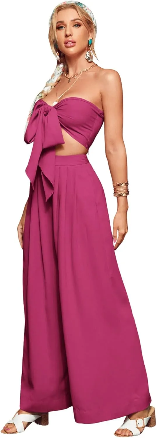 SweatyRocks Women's 2 Piece Sexy Outfits Sleeveless Tie Front Crop Top Wide Leg Pants Set