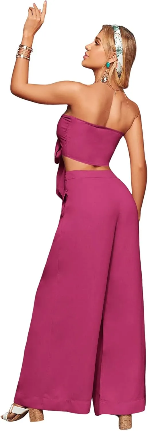 SweatyRocks Women's 2 Piece Sexy Outfits Sleeveless Tie Front Crop Top Wide Leg Pants Set