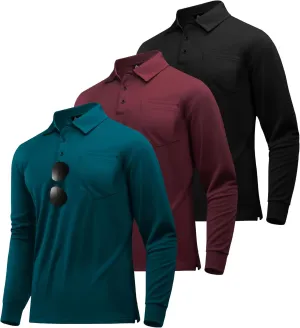 SWISSWELL Long Sleeve Polo Shirts for Men with Pocket 3 Pack Collared Moisture Wicking Performance Golf Shirts
