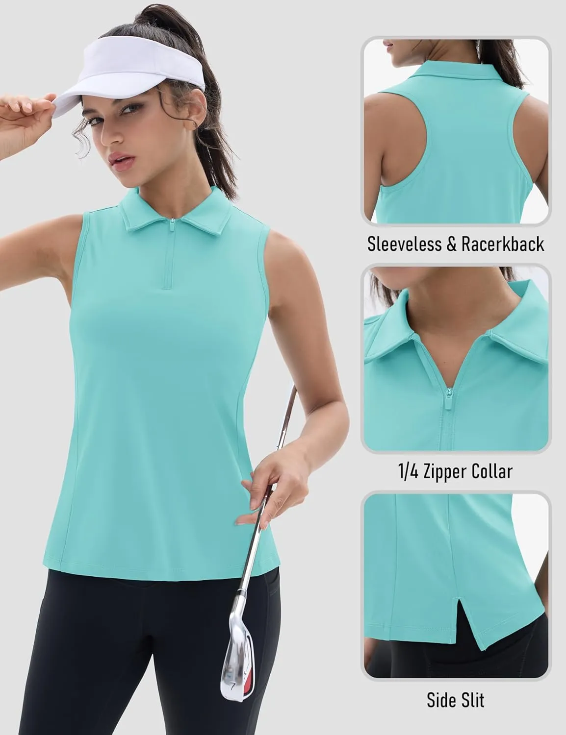 TACVASEN Womens Golf Shirts Sleeveless Racerback Polo Shirt UPF 50  Zip Up Moisture Wicking Workout Tennis Athletic Tank Tops