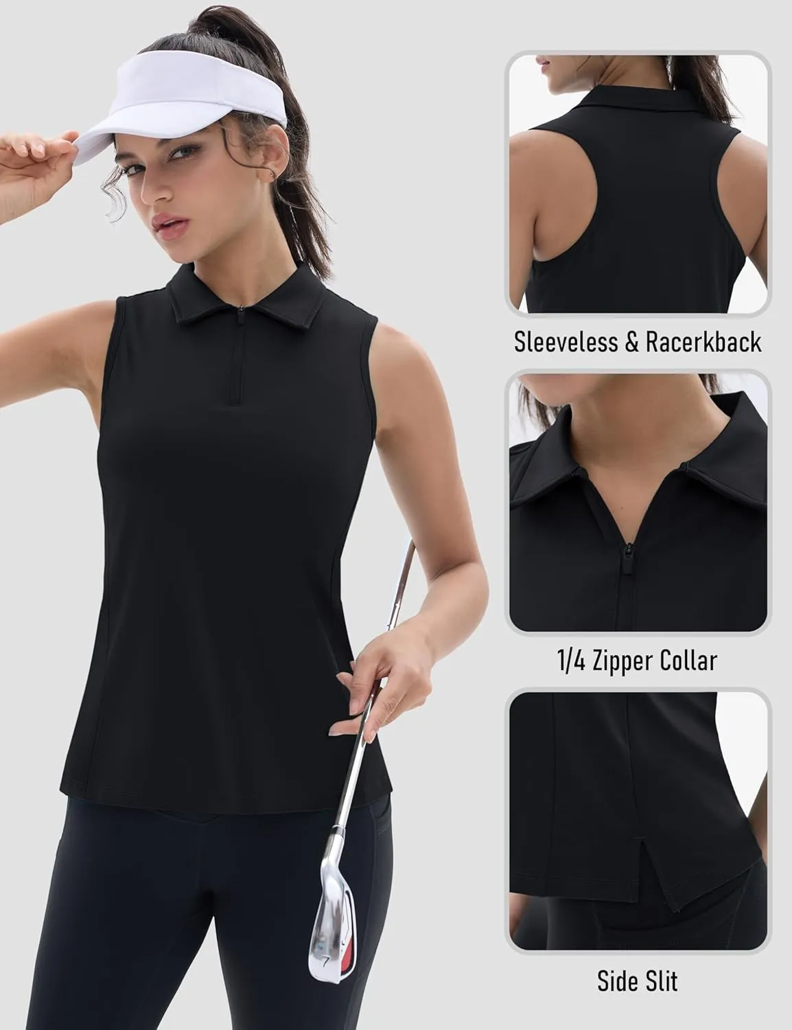 TACVASEN Womens Golf Shirts Sleeveless Racerback Polo Shirt UPF 50  Zip Up Moisture Wicking Workout Tennis Athletic Tank Tops