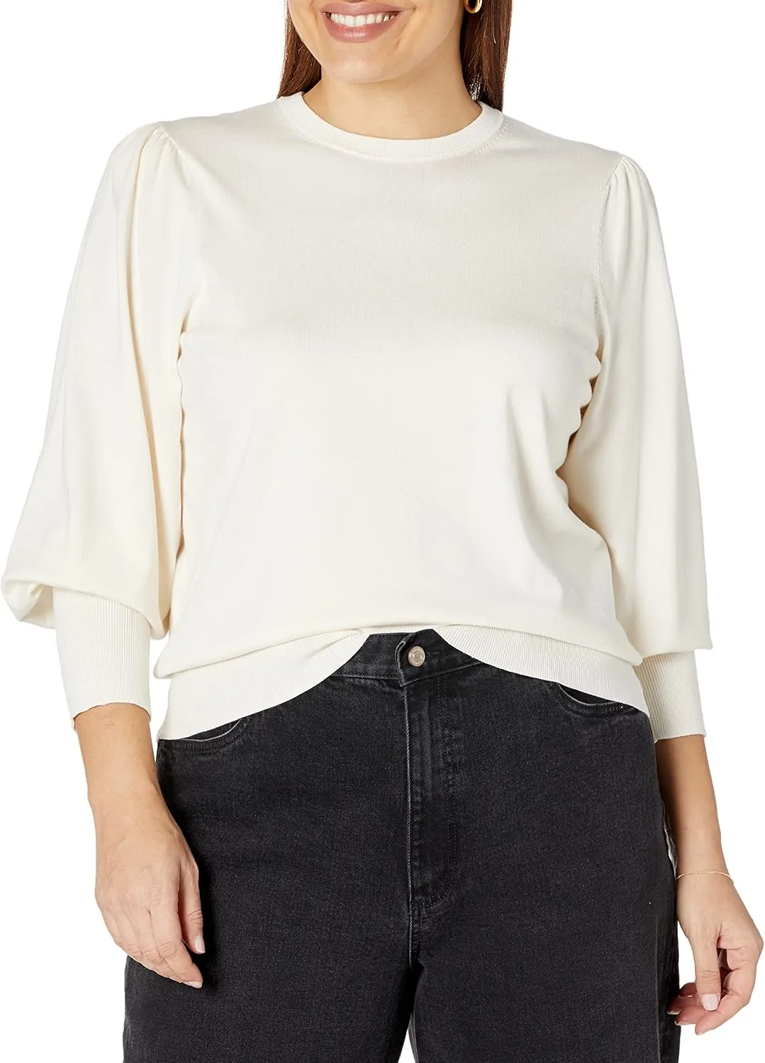 The Drop Women's Vivienne Padded-Shoulder Balloon-sleeve Crewneck Sweater