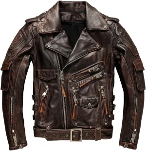 The Next Motorcycle Vintage Brown Autumn Jacket Men Diagonal Zipper Natural Thick Cowhide Genuine Leather Jackets