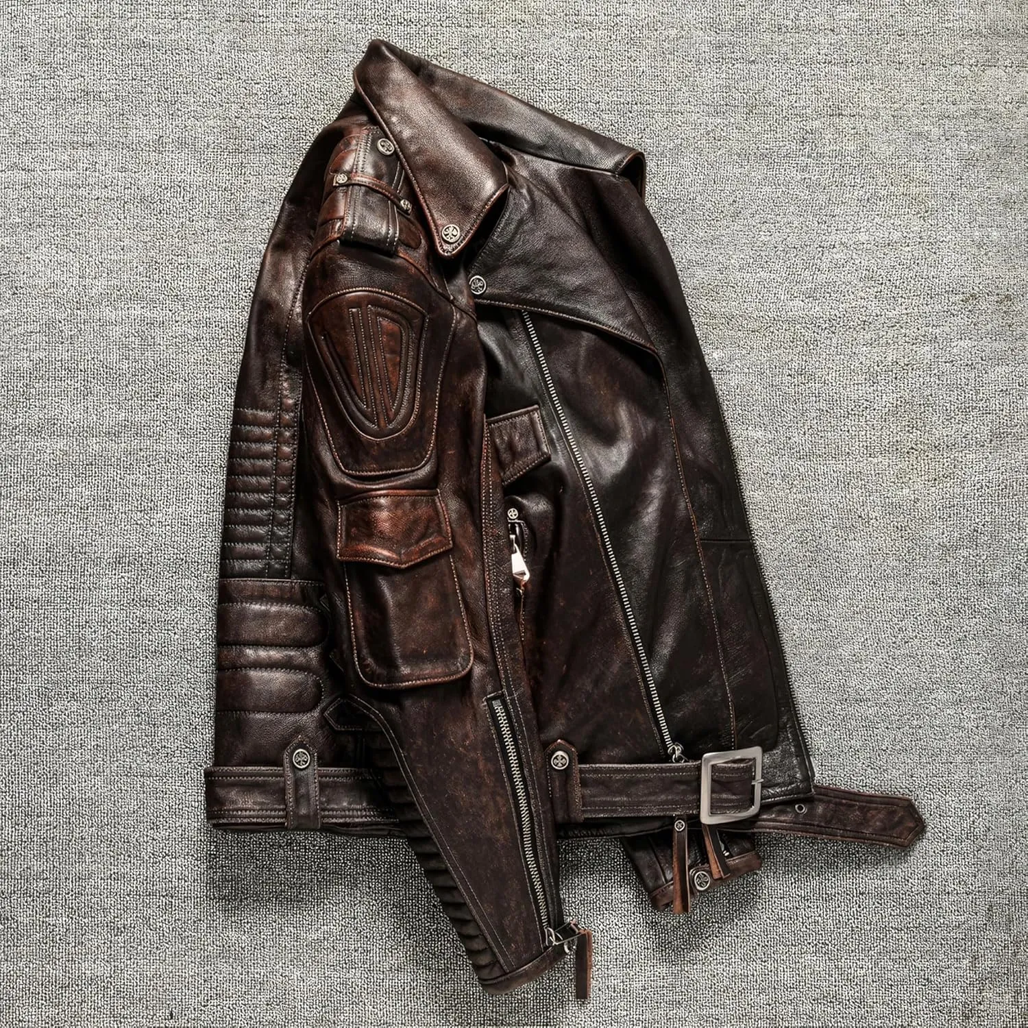 The Next Motorcycle Vintage Brown Autumn Jacket Men Diagonal Zipper Natural Thick Cowhide Genuine Leather Jackets