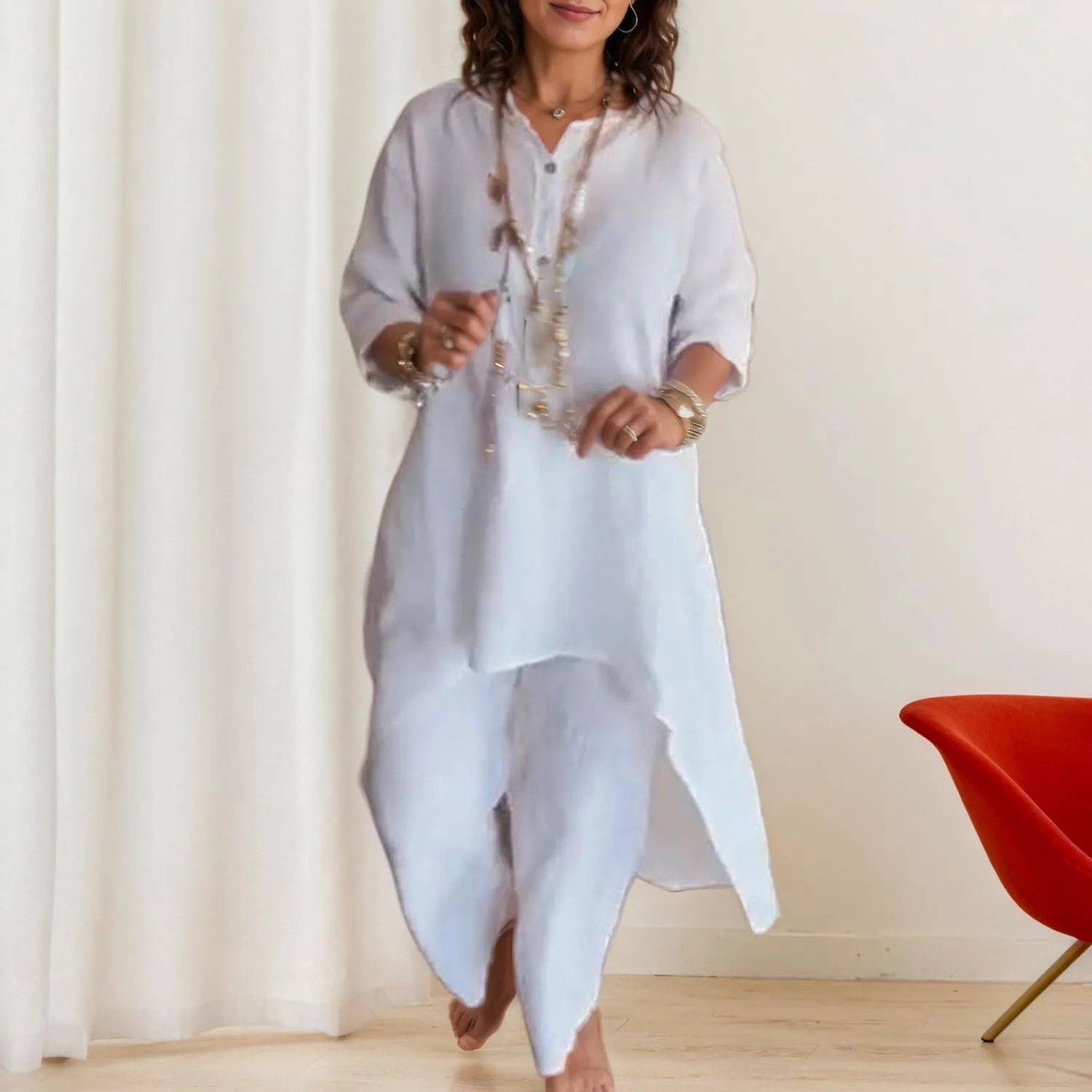 TIAFORD Women 2 Piece Linen Set Solid Color Long Sleeve Irregular Hem Top and Wide Leg Pants Trousers Suits