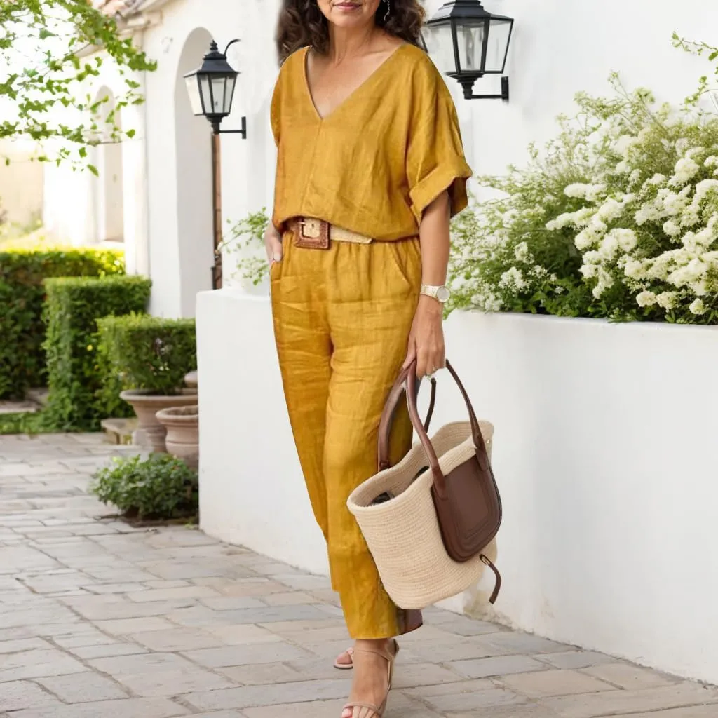 TIAFORD Women 2 Piece Linen Set Solid Color Short Sleeve Top and Wide Leg Pants Trousers Suits with Pockets