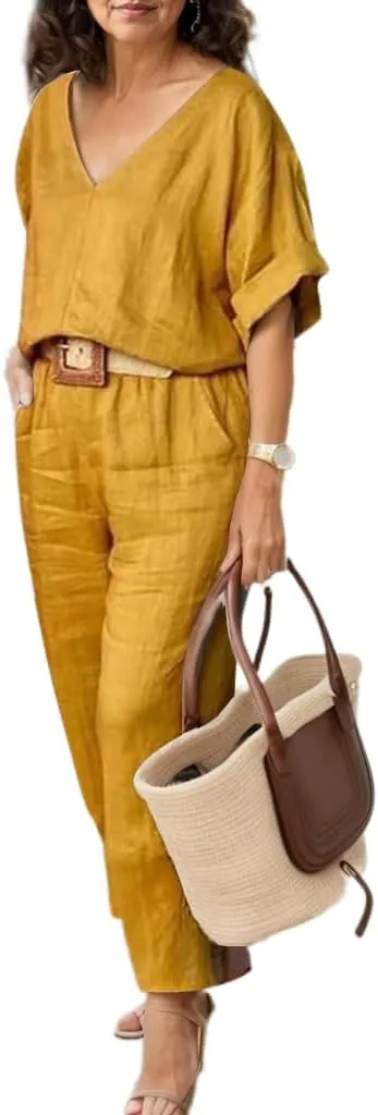 TIAFORD Women 2 Piece Linen Set Solid Color Short Sleeve Top and Wide Leg Pants Trousers Suits with Pockets