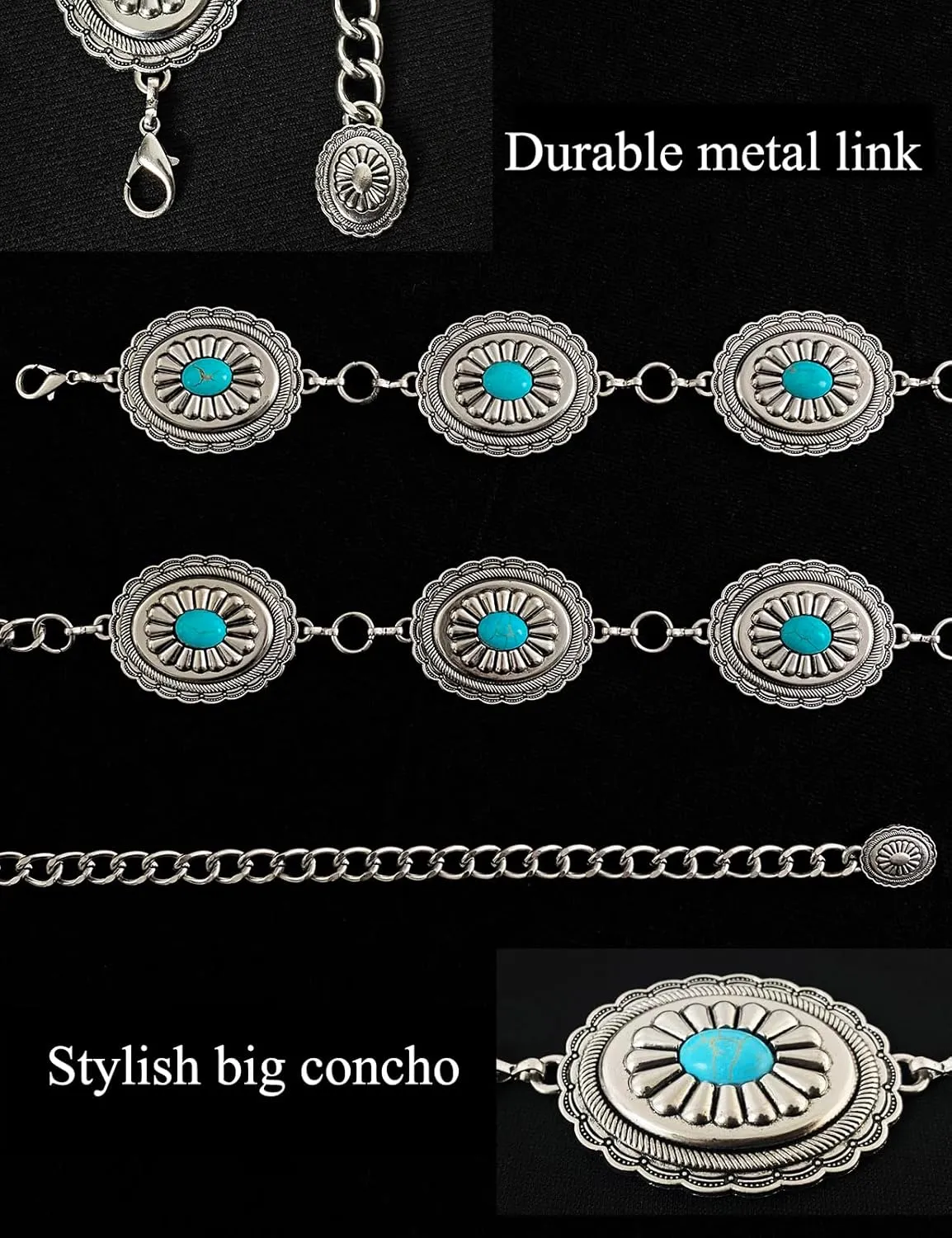 TOPACC Concho belts for Women Western Metal Cowgirl Boho Chain Belt for Dresses Jeans Country Concert Outfit
