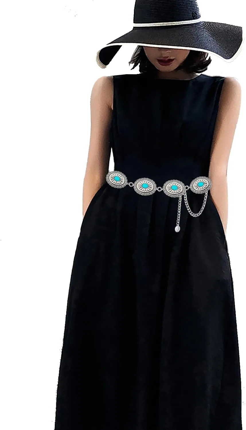 TOPACC Concho belts for Women Western Metal Cowgirl Boho Chain Belt for Dresses Jeans Country Concert Outfit