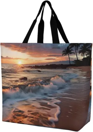 Tote Bag,Painted Foldable Shopping Tote Bag,washable Coating Groceries Storage Beach Maui Hawaii Sunset Sea Waves Clouds Bags for Shopping Or Travel