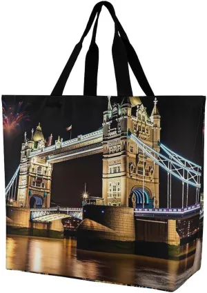 Tote Bag,Painted Foldable Shopping Tote Bag,washable Coating Groceries Storage Night London Tower Bridge Bags for Shopping Or Travel