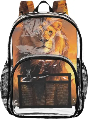 Travel Clear Backpack Floral Girls Backpack for Kids School Clear Shoulder Bag Majestic Lion Painting Orange