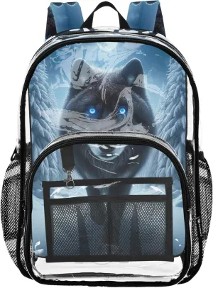 Travel Clear Backpack Floral Kids Backpack for Girls Pvc School Plastic Bookbag Wolf Moon