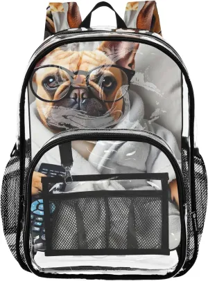 Travel Clear Bags for Women Funny Bulldog Cute Pet Kids Girls Backpack Boys School Clear Plastic Bag Pvc