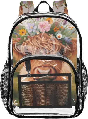 Travel Clear Bags for Women Highland Cow Floral Calf Kids Girls Backpack Boys Approved Plastic Bag Large