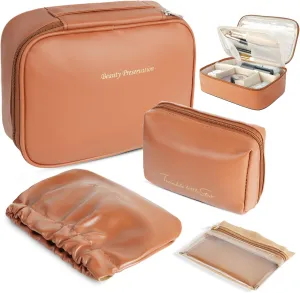 Travel Makeup Bags Set, 4 Pcs PU Leather Cosmetic Organizer Bag with Jewelry bag, Large Make Up Cosmetic Bag with Divider and Handle, Portable Travel waterproof Vanity Bag for Women Girl (Brown)
