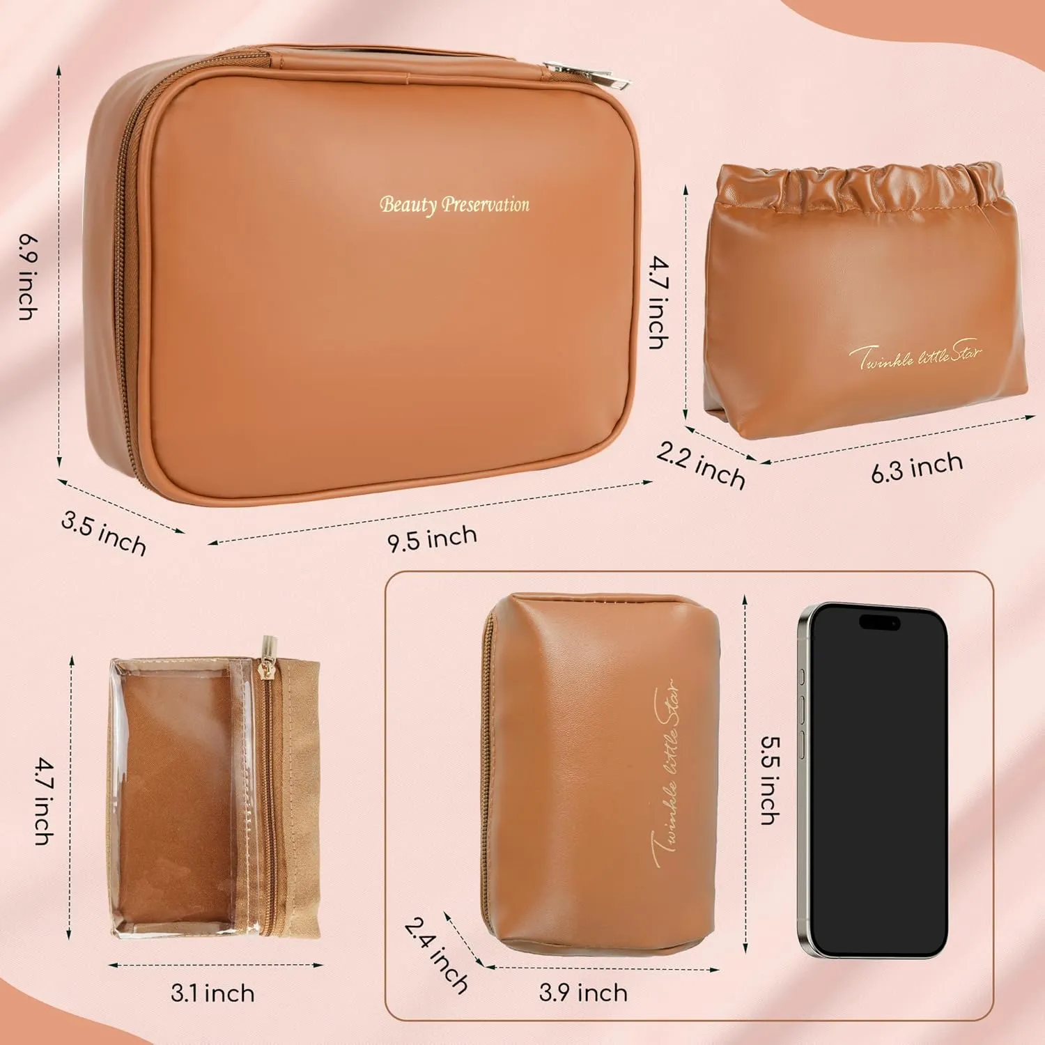 Travel Makeup Bags Set, 4 Pcs PU Leather Cosmetic Organizer Bag with Jewelry bag, Large Make Up Cosmetic Bag with Divider and Handle, Portable Travel waterproof Vanity Bag for Women Girl (Brown)