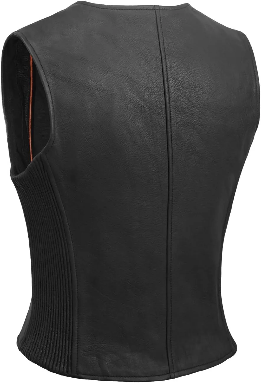 True Element Womens Short Fitted Motorcycle Leather Vest With Side Stretch Panel (Black, Sizes XS-3XL)