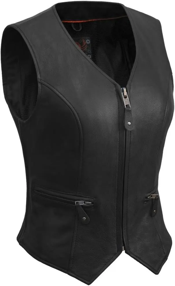 True Element Womens Short Fitted Motorcycle Leather Vest With Side Stretch Panel (Black, Sizes XS-3XL)