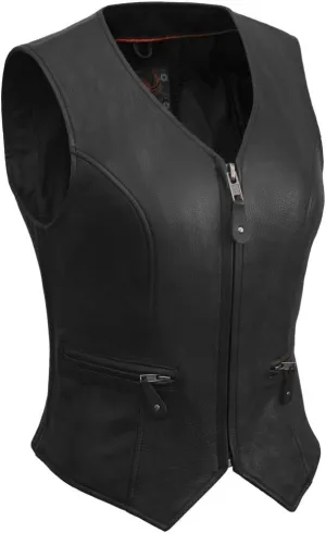 True Element Womens Short Fitted Motorcycle Leather Vest With Side Stretch Panel (Black, Sizes XS-3XL)
