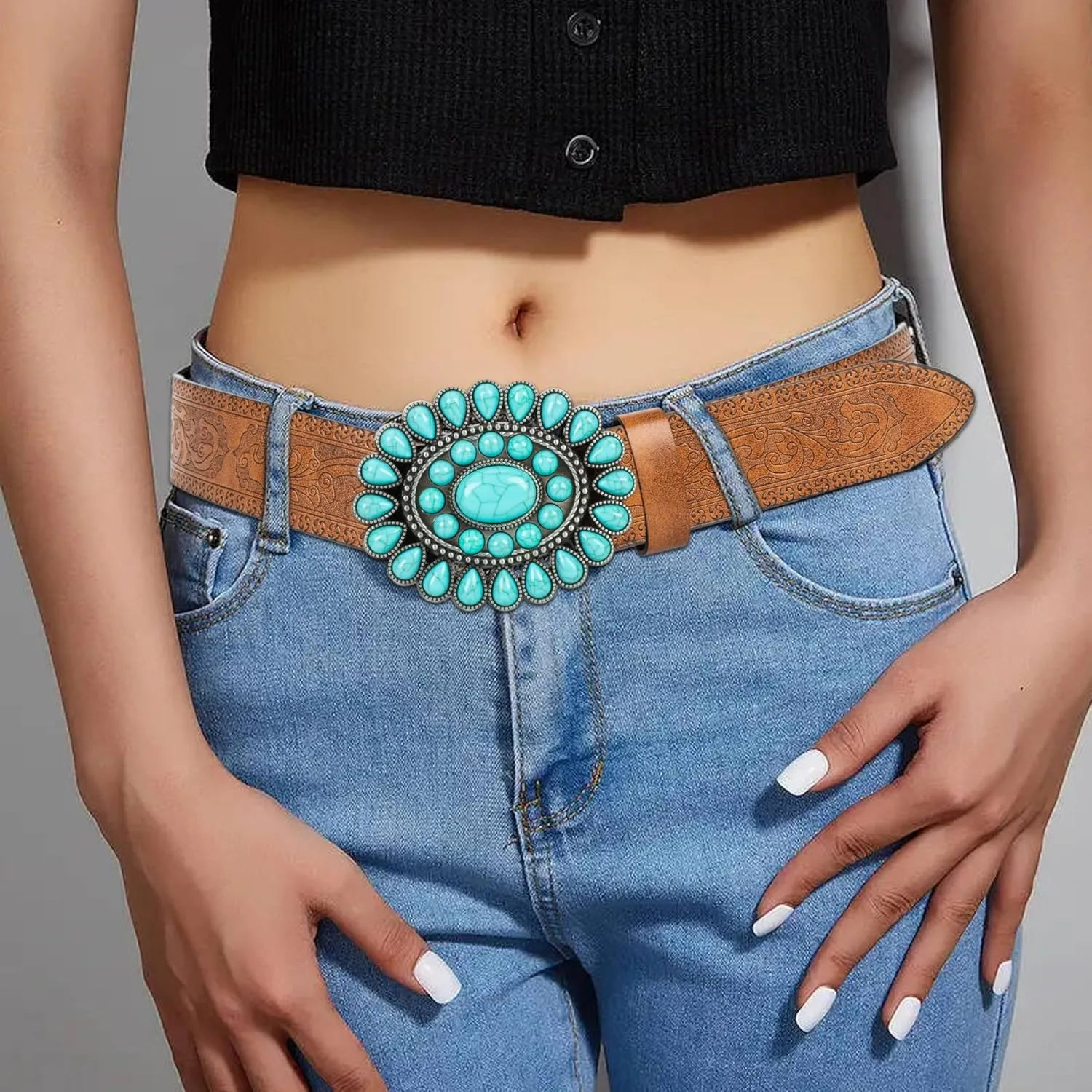 UTOWO Women Western-Turquoise-Belt Embossed-PU-Leather-Cowgirl-Belt Applies-Jeans-Pants-Dresses for Rodeo-Country-Concert