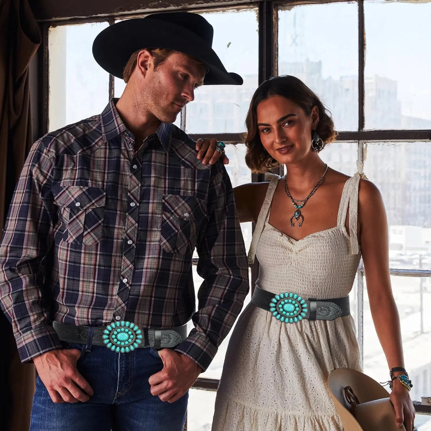 UTOWO Women Western-Turquoise-Belt Embossed-PU-Leather-Cowgirl-Belt Applies-Jeans-Pants-Dresses for Rodeo-Country-Concert