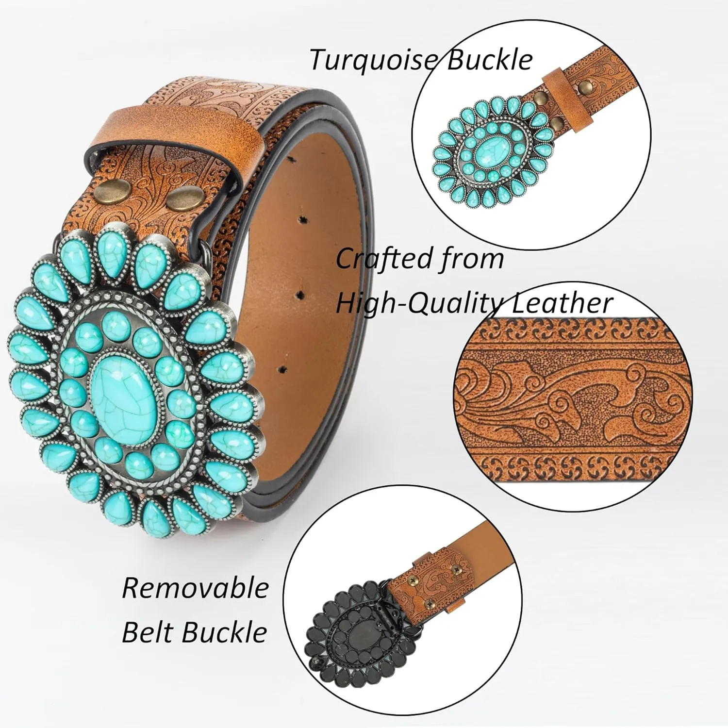 UTOWO Women Western-Turquoise-Belt Embossed-PU-Leather-Cowgirl-Belt Applies-Jeans-Pants-Dresses for Rodeo-Country-Concert