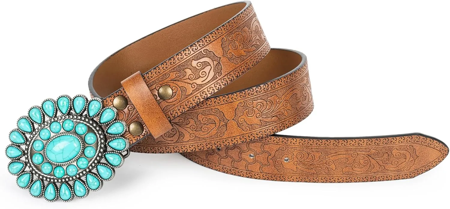 UTOWO Women Western-Turquoise-Belt Embossed-PU-Leather-Cowgirl-Belt Applies-Jeans-Pants-Dresses for Rodeo-Country-Concert