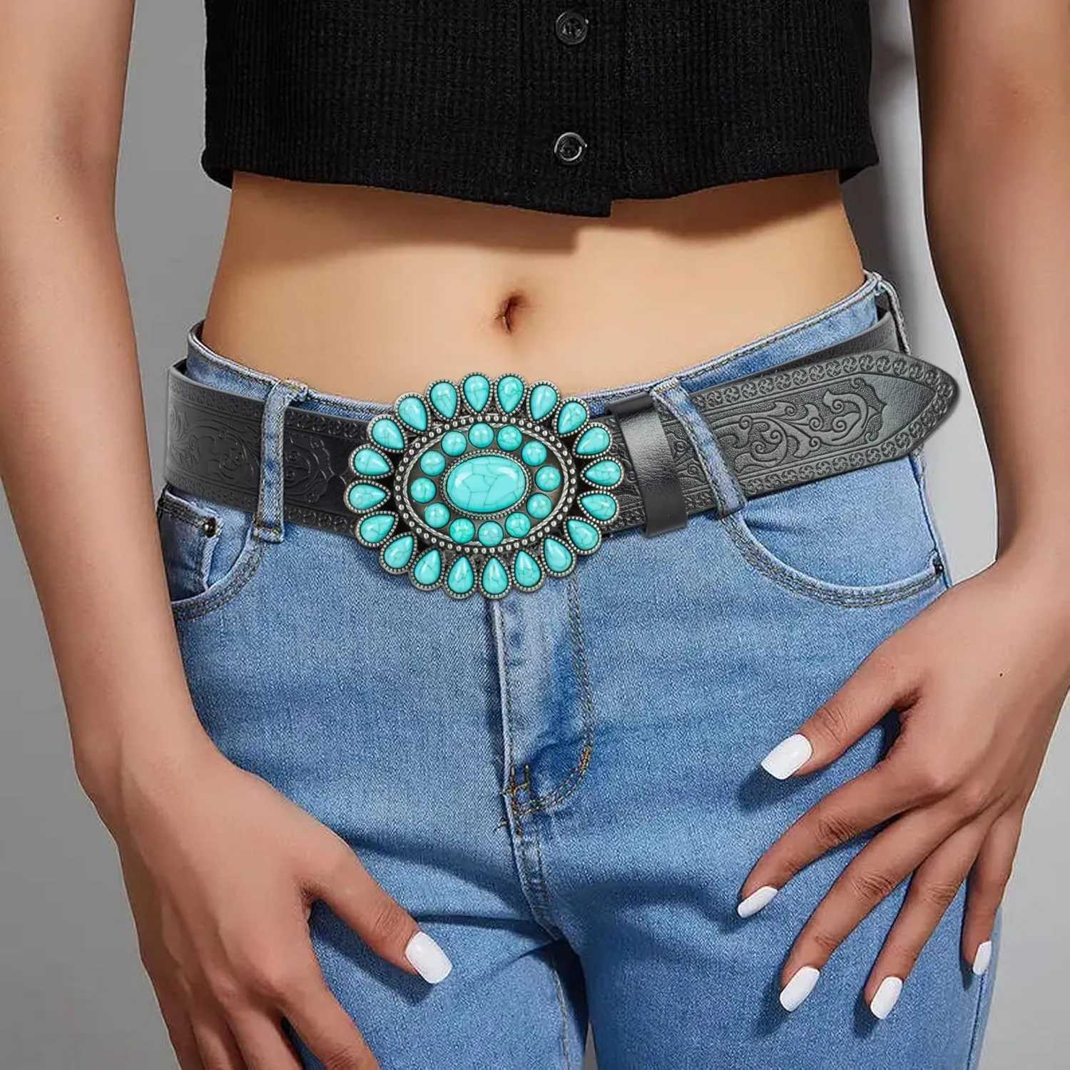 UTOWO Women Western-Turquoise-Belt Embossed-PU-Leather-Cowgirl-Belt Applies-Jeans-Pants-Dresses for Rodeo-Country-Concert