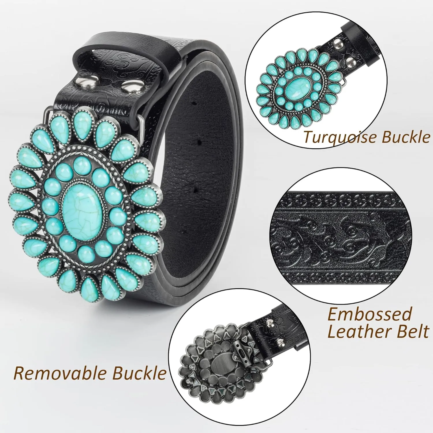 UTOWO Women Western-Turquoise-Belt Embossed-PU-Leather-Cowgirl-Belt Applies-Jeans-Pants-Dresses for Rodeo-Country-Concert