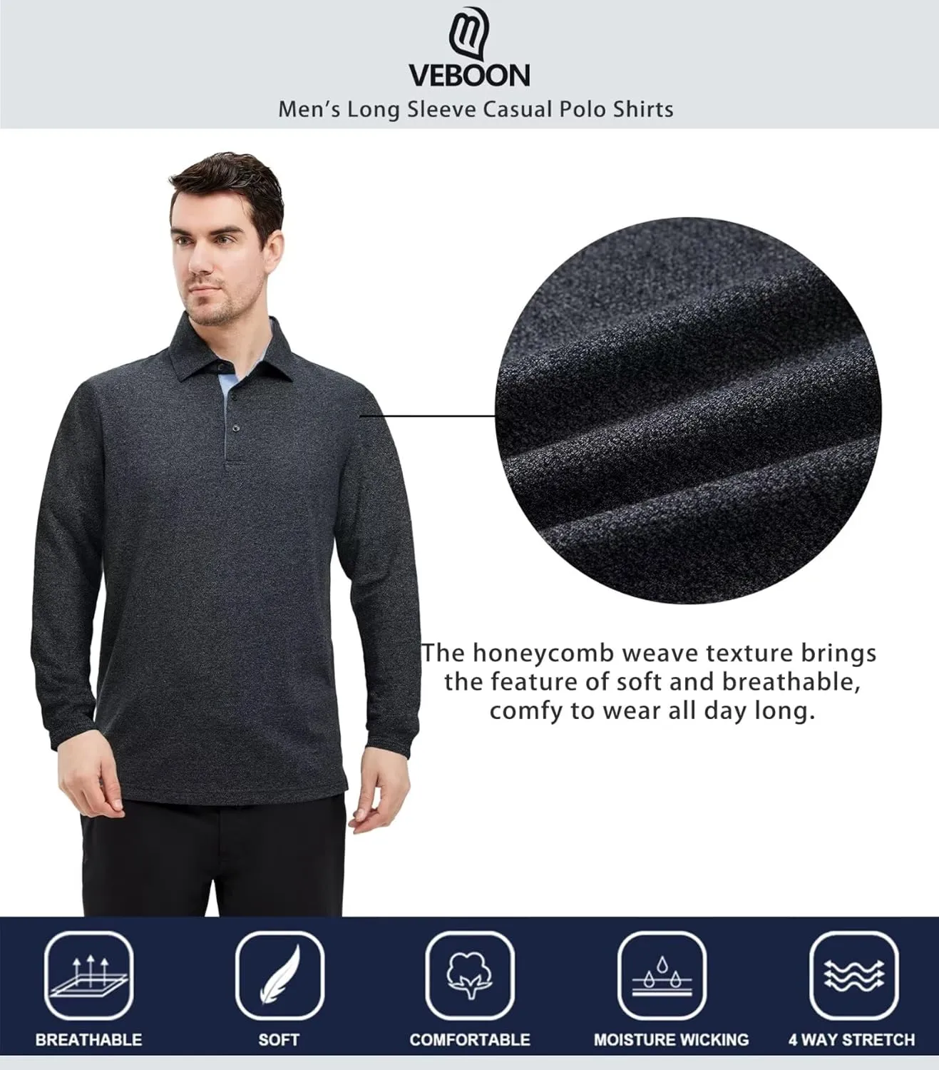 VEBOON Men's Polo Shirts Long and Short Sleeve Cotton Blend Heather Moisture Wicking Casual Collared Shirts