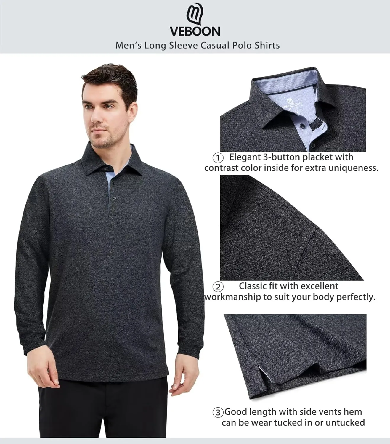 VEBOON Men's Polo Shirts Long and Short Sleeve Cotton Blend Heather Moisture Wicking Casual Collared Shirts