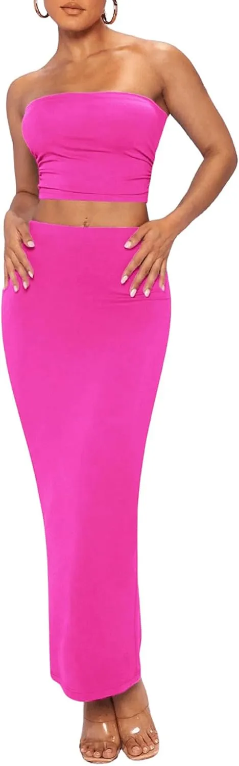 Verdusa Women's 2 Piece Outfits Sleeveless Crop Tube Top and Maxi Pencil Long Skirt Set