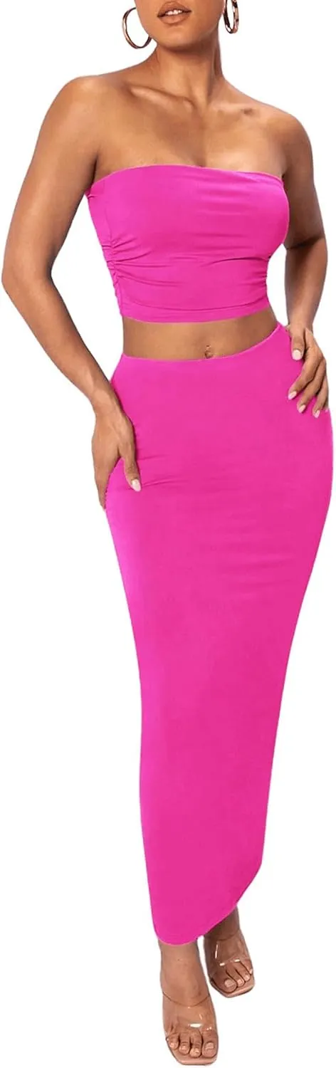 Verdusa Women's 2 Piece Outfits Sleeveless Crop Tube Top and Maxi Pencil Long Skirt Set