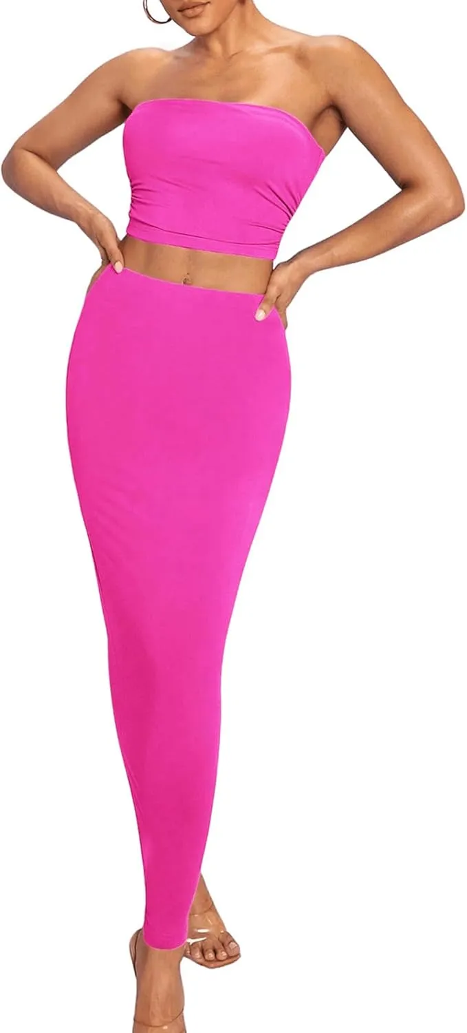 Verdusa Women's 2 Piece Outfits Sleeveless Crop Tube Top and Maxi Pencil Long Skirt Set