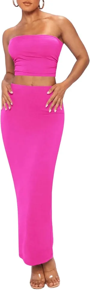 Verdusa Women's 2 Piece Outfits Sleeveless Crop Tube Top and Maxi Pencil Long Skirt Set