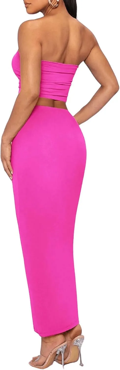 Verdusa Women's 2 Piece Outfits Sleeveless Crop Tube Top and Maxi Pencil Long Skirt Set