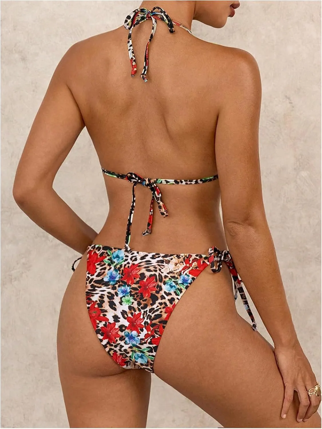 Verdusa Women's Y2K Bikini 2 Piece Cheetah Floral Swimsuit Halter Triangle Tie Side String Bikini Set